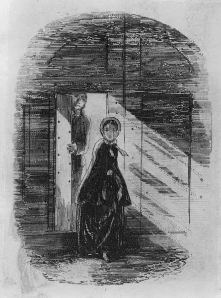 A woman in a bonnet and dark cape steps through a doorway with a man in the background, as a diagonal shaft of light illuminates the scene.